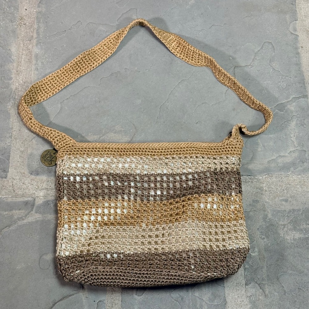 The Sak Crochet Shoulder Bag Gold Tan Brown White Metallic Boho Crossbody
